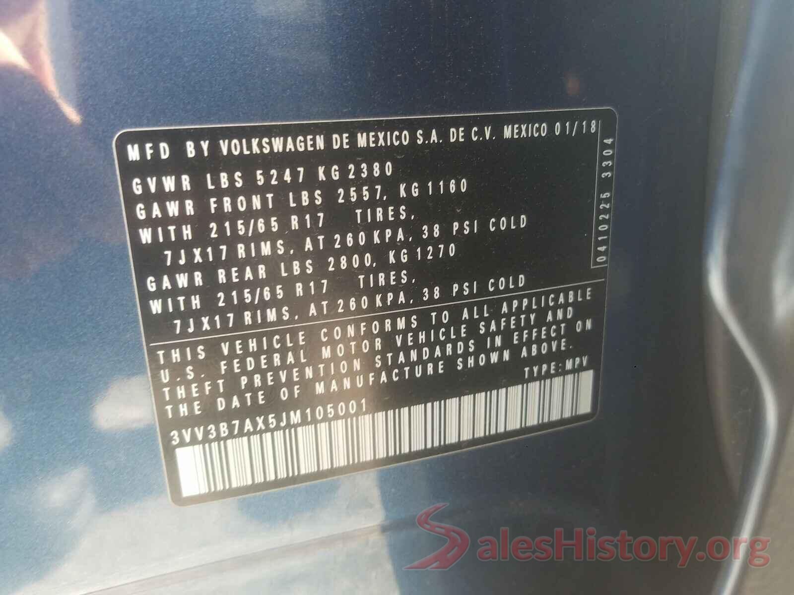 3VV3B7AX5JM105001 2018 VOLKSWAGEN TIGUAN