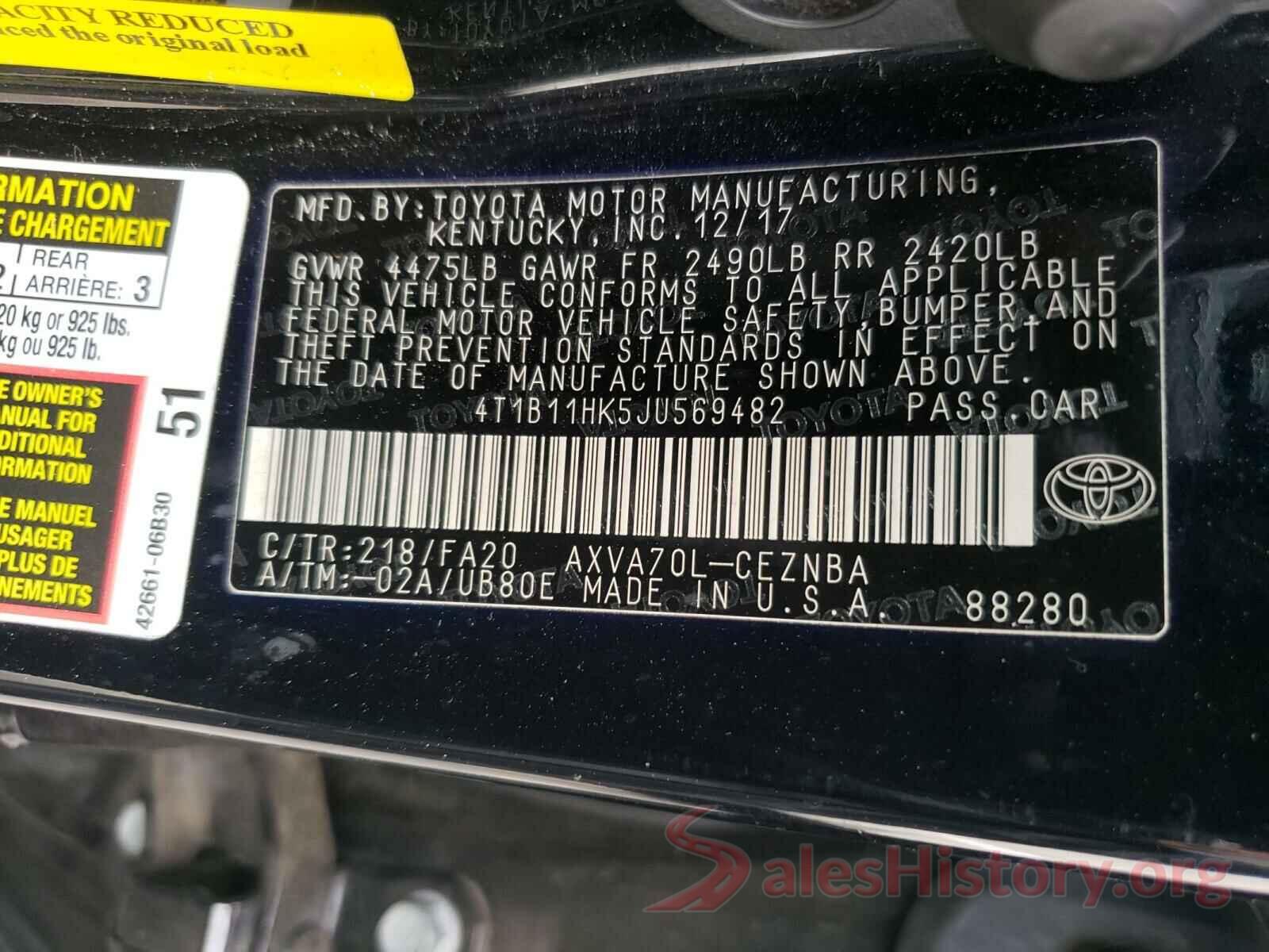 4T1B11HK5JU569482 2018 TOYOTA CAMRY