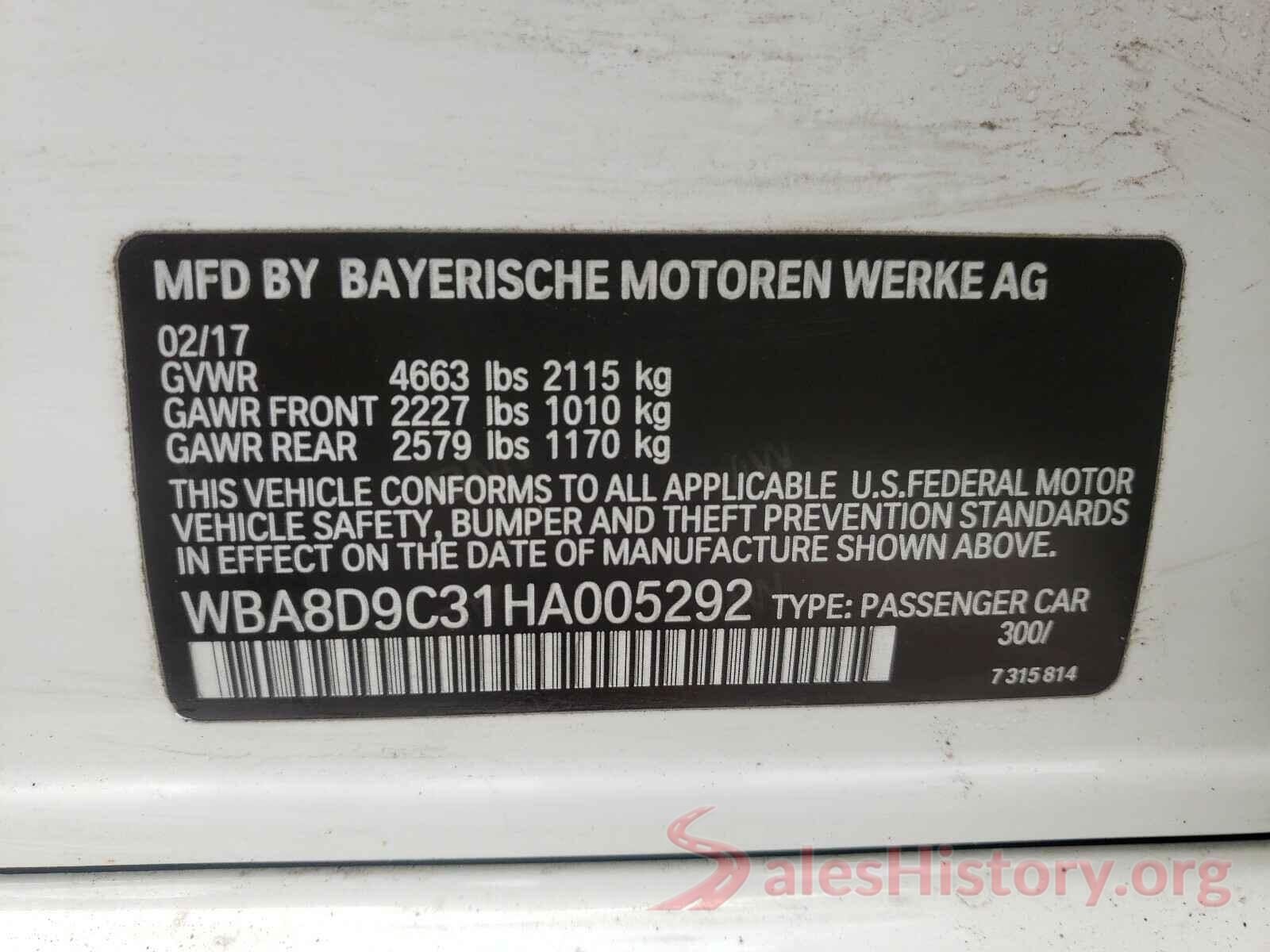 WBA8D9C31HA005292 2017 BMW 3 SERIES