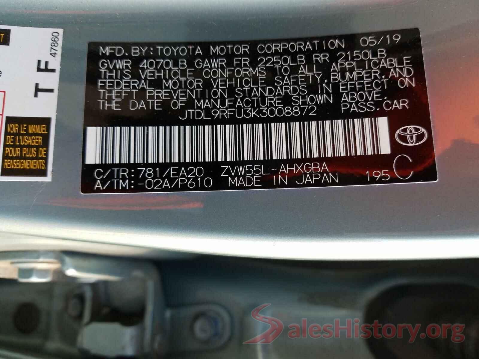 JTDL9RFU3K3008872 2019 TOYOTA PRIUS