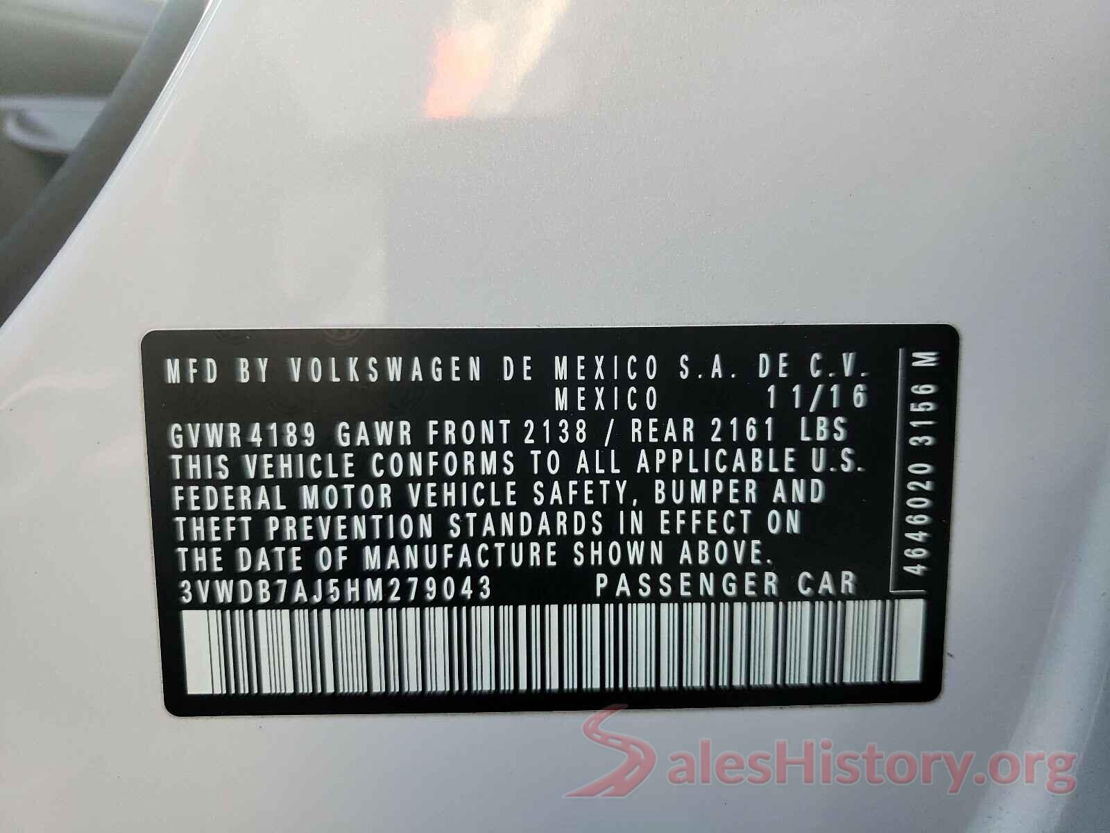 3VWDB7AJ5HM279043 2017 VOLKSWAGEN JETTA