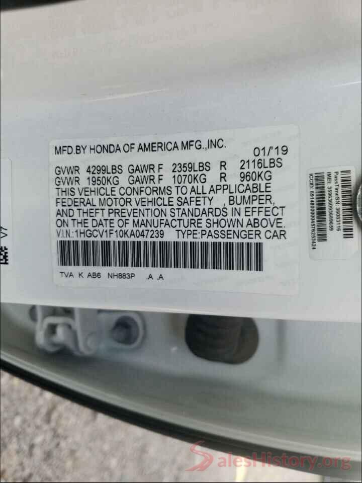 1HGCV1F10KA047239 2019 HONDA ACCORD