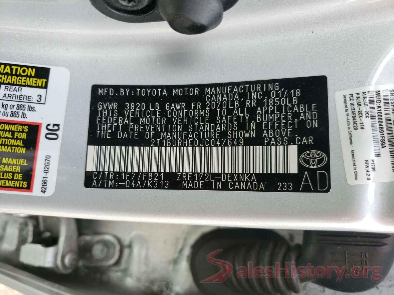 2T1BURHE0JC047649 2018 TOYOTA COROLLA