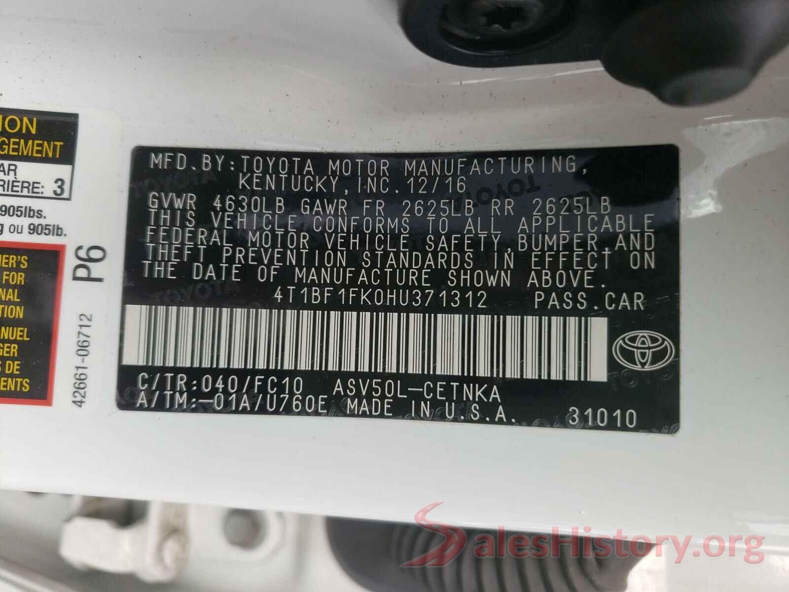 4T1BF1FK0HU371312 2017 TOYOTA CAMRY