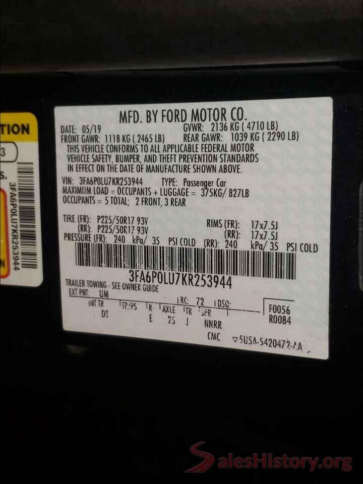 3FA6P0LU7KR253944 2019 FORD FUSION