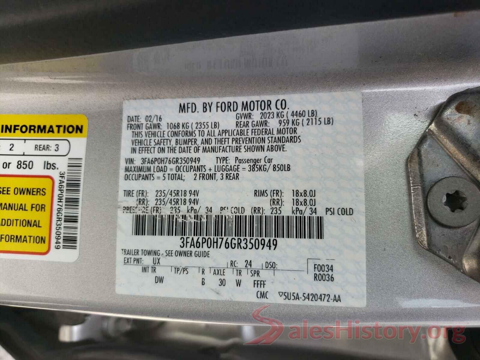 3FA6P0H76GR350949 2016 FORD FUSION