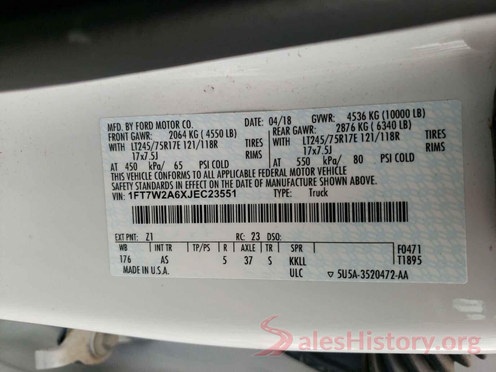 1FT7W2A6XJEC23551 2018 FORD F250