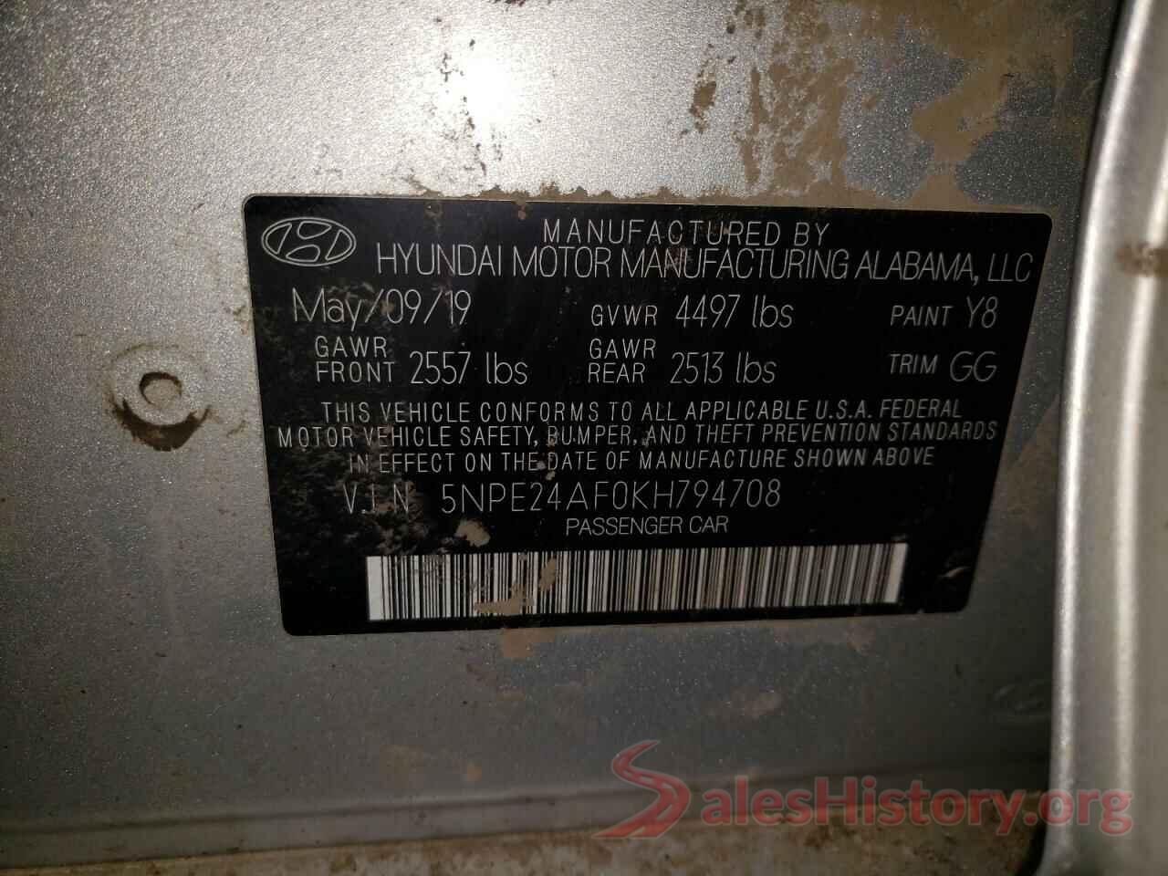 5NPE24AF0KH794708 2019 HYUNDAI SONATA