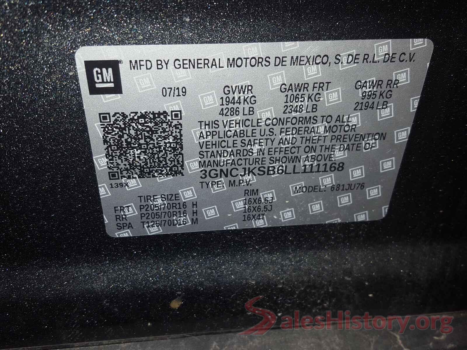 3GNCJKSB6LL111168 2020 CHEVROLET TRAX