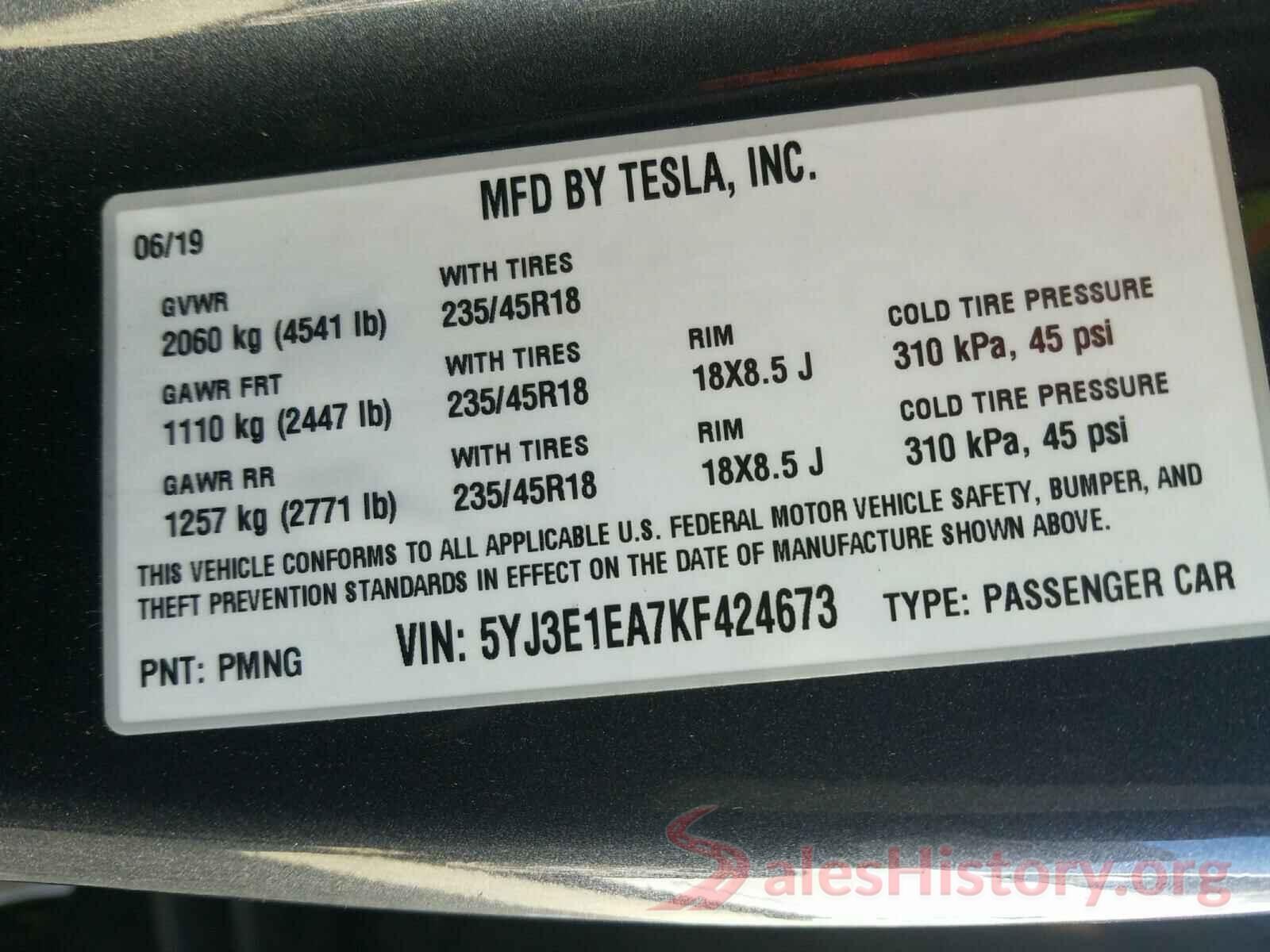 5YJ3E1EA7KF424673 2019 TESLA MODEL 3