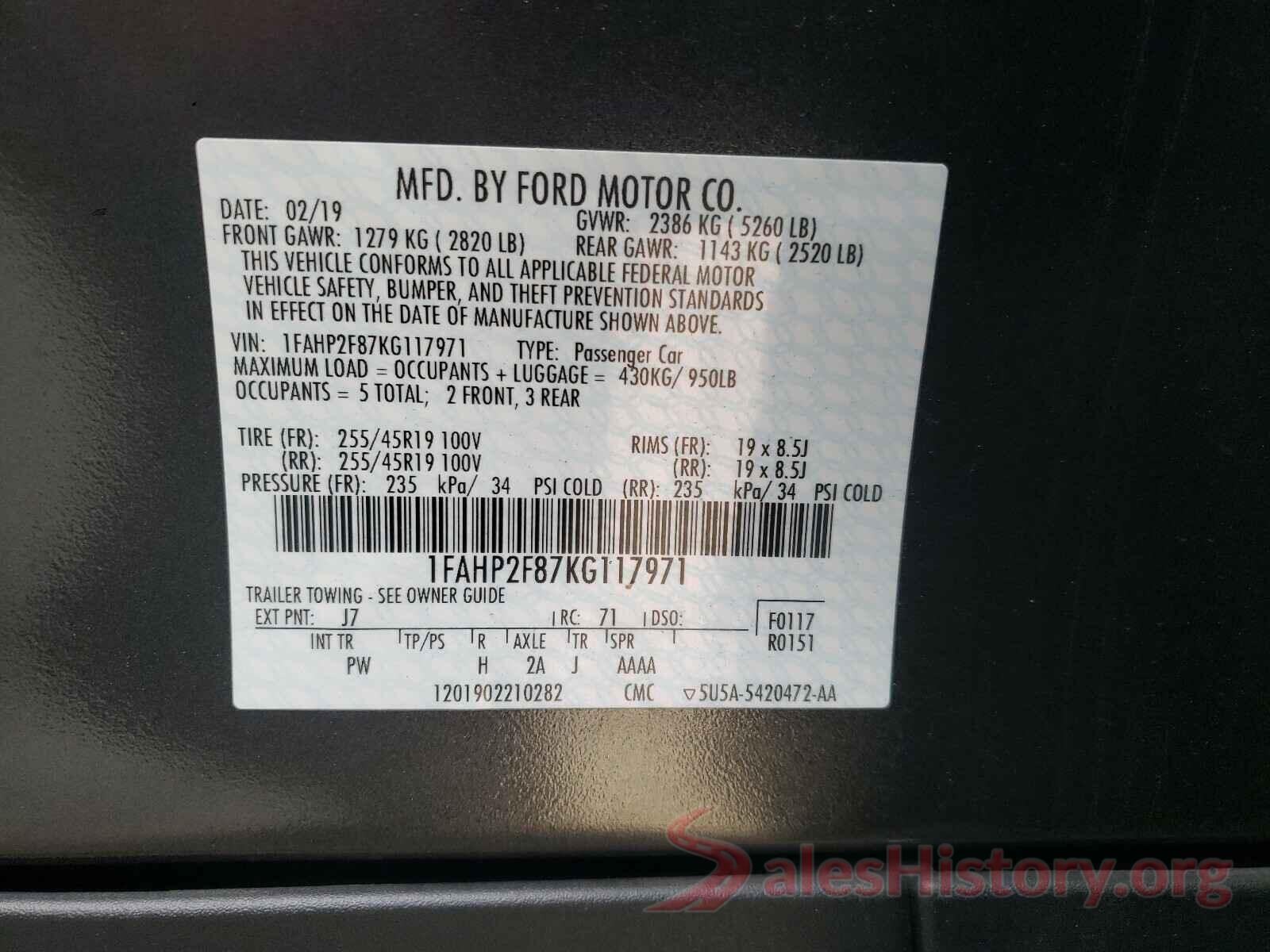 1FAHP2F87KG117971 2019 FORD TAURUS