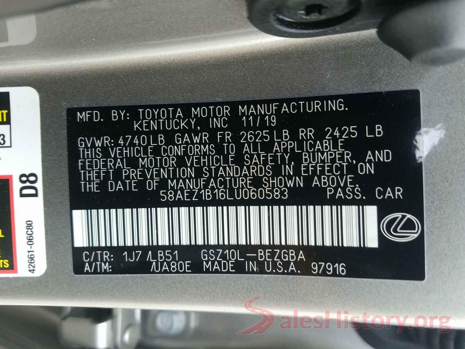 58AEZ1B16LU060583 2020 LEXUS ES350