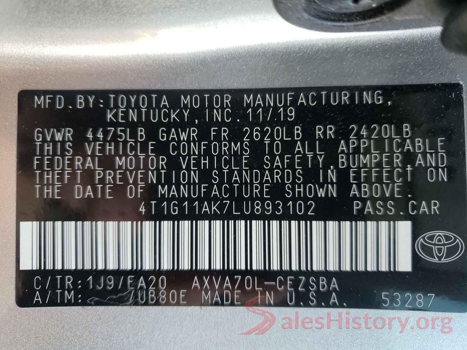 4T1G11AK7LU893102 2020 TOYOTA CAMRY