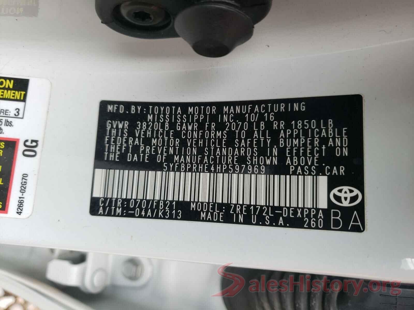 5YFBPRHE4HP597969 2017 TOYOTA COROLLA