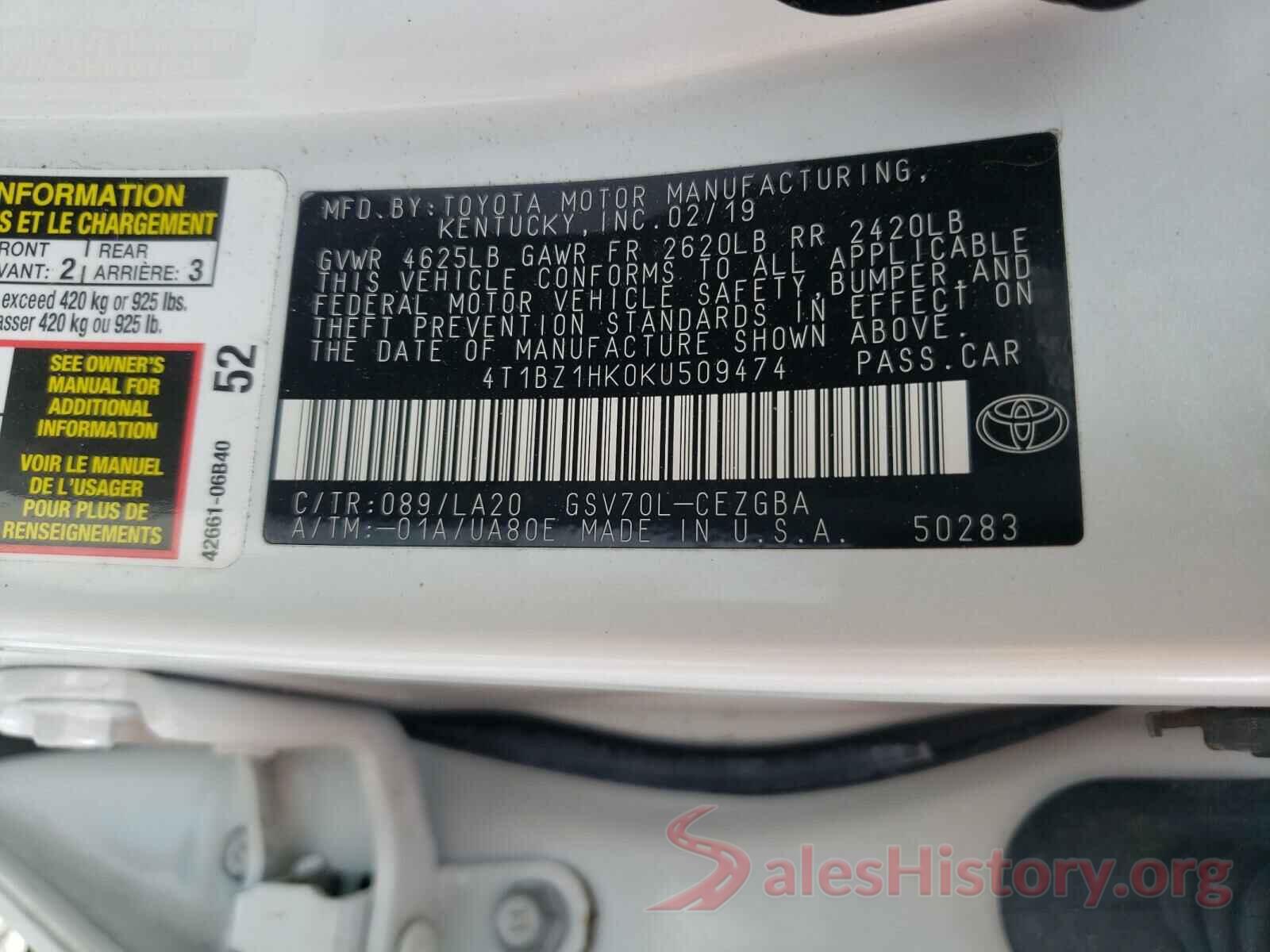 4T1BZ1HK0KU509474 2019 TOYOTA CAMRY