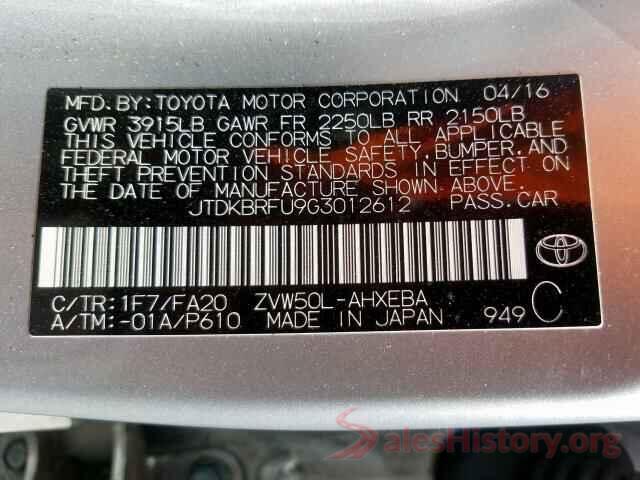 JTDKBRFU9G3012612 2016 TOYOTA PRIUS