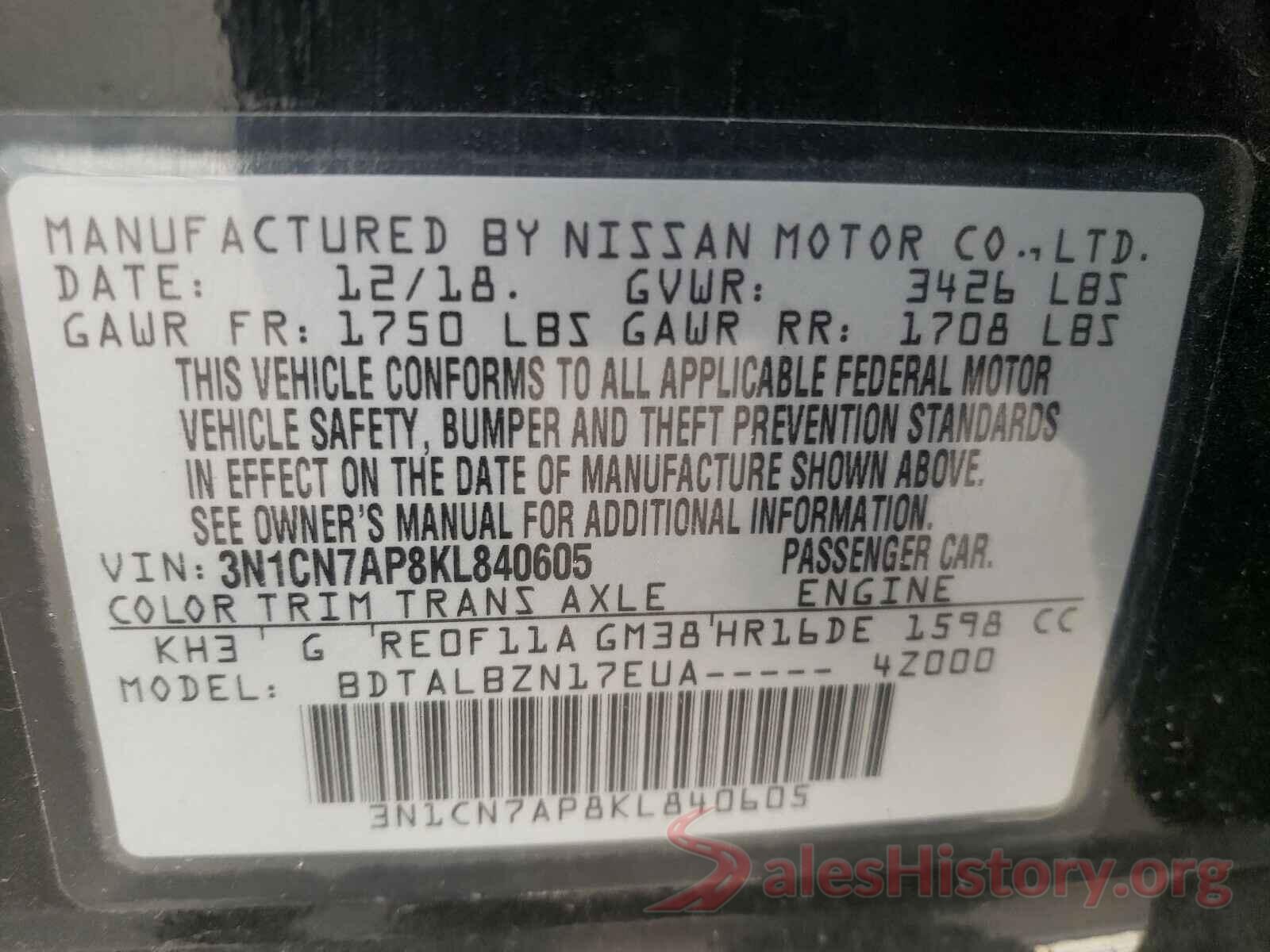 3N1CN7AP8KL840605 2019 NISSAN VERSA