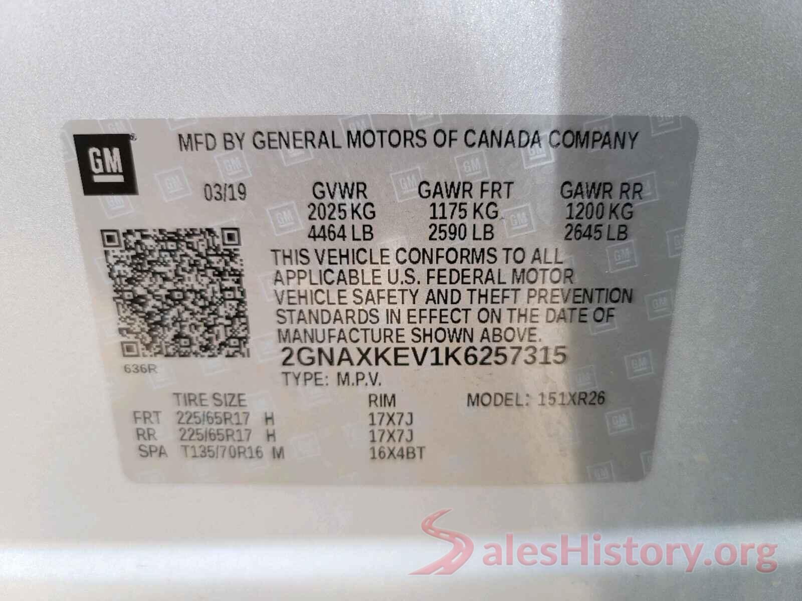 2GNAXKEV1K6257315 2019 CHEVROLET EQUINOX