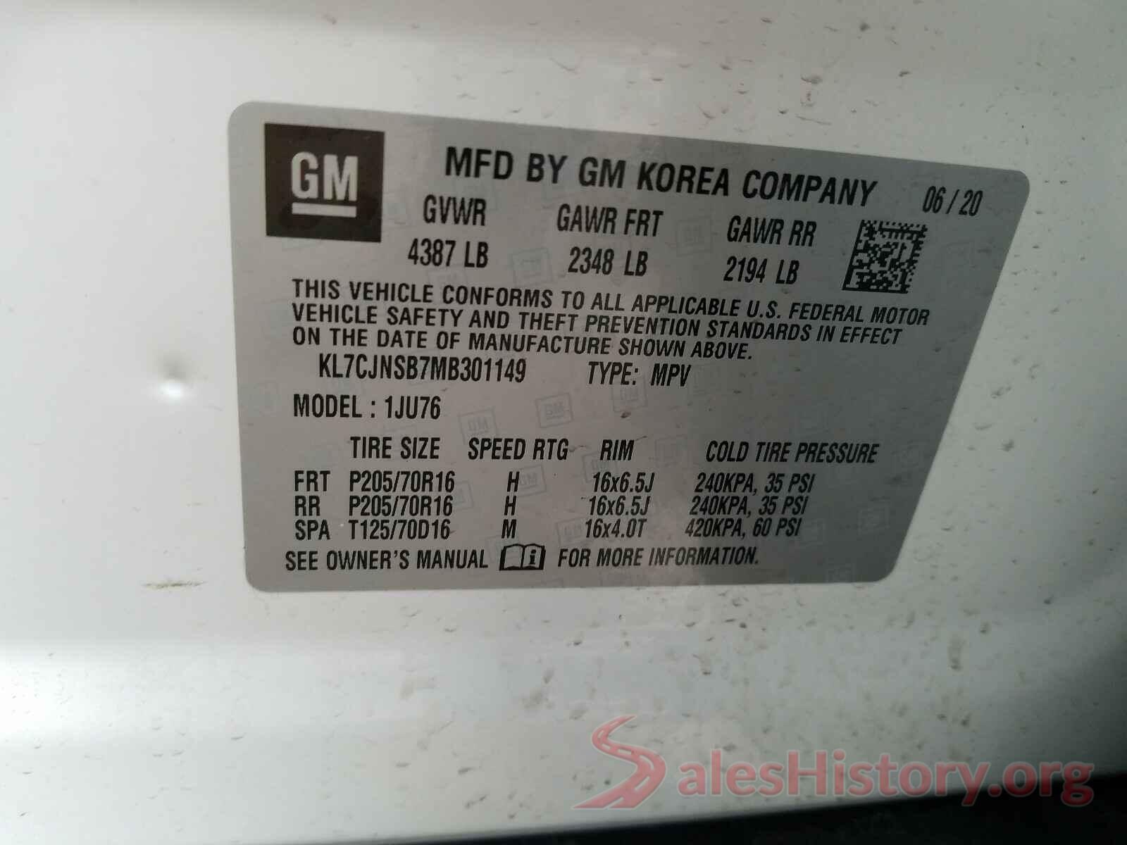 KL7CJNSB7MB301149 2021 CHEVROLET TRAX