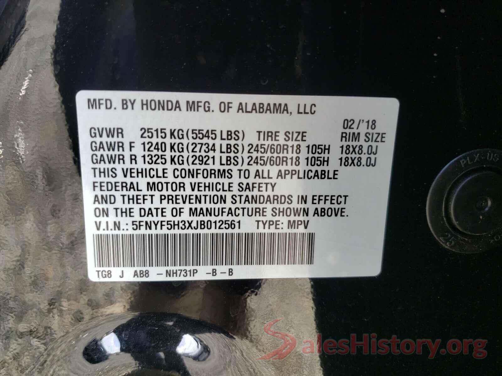 5FNYF5H3XJB012561 2018 HONDA PILOT