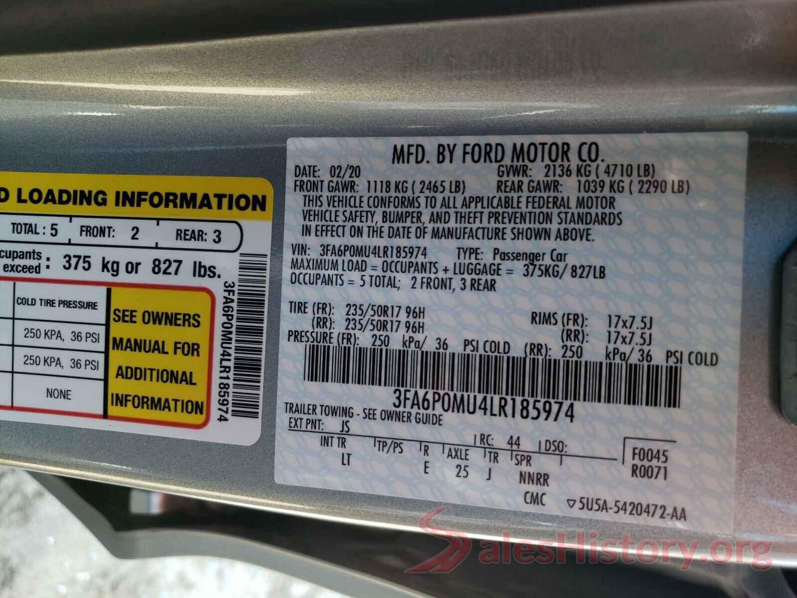 3FA6P0MU4LR185974 2020 FORD FUSION