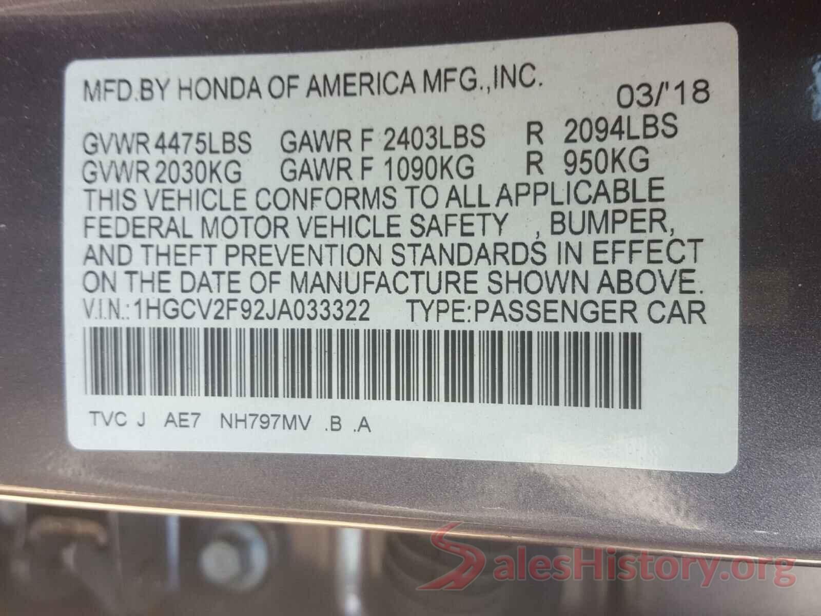 1HGCV2F92JA033322 2018 HONDA ACCORD