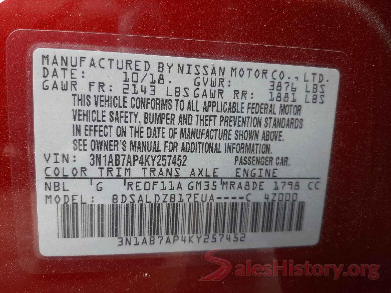 3N1AB7AP4KY257452 2019 NISSAN SENTRA