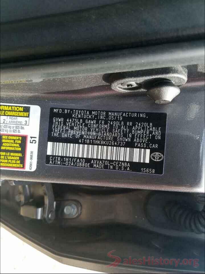 4T1B11HK8KU264737 2019 TOYOTA CAMRY