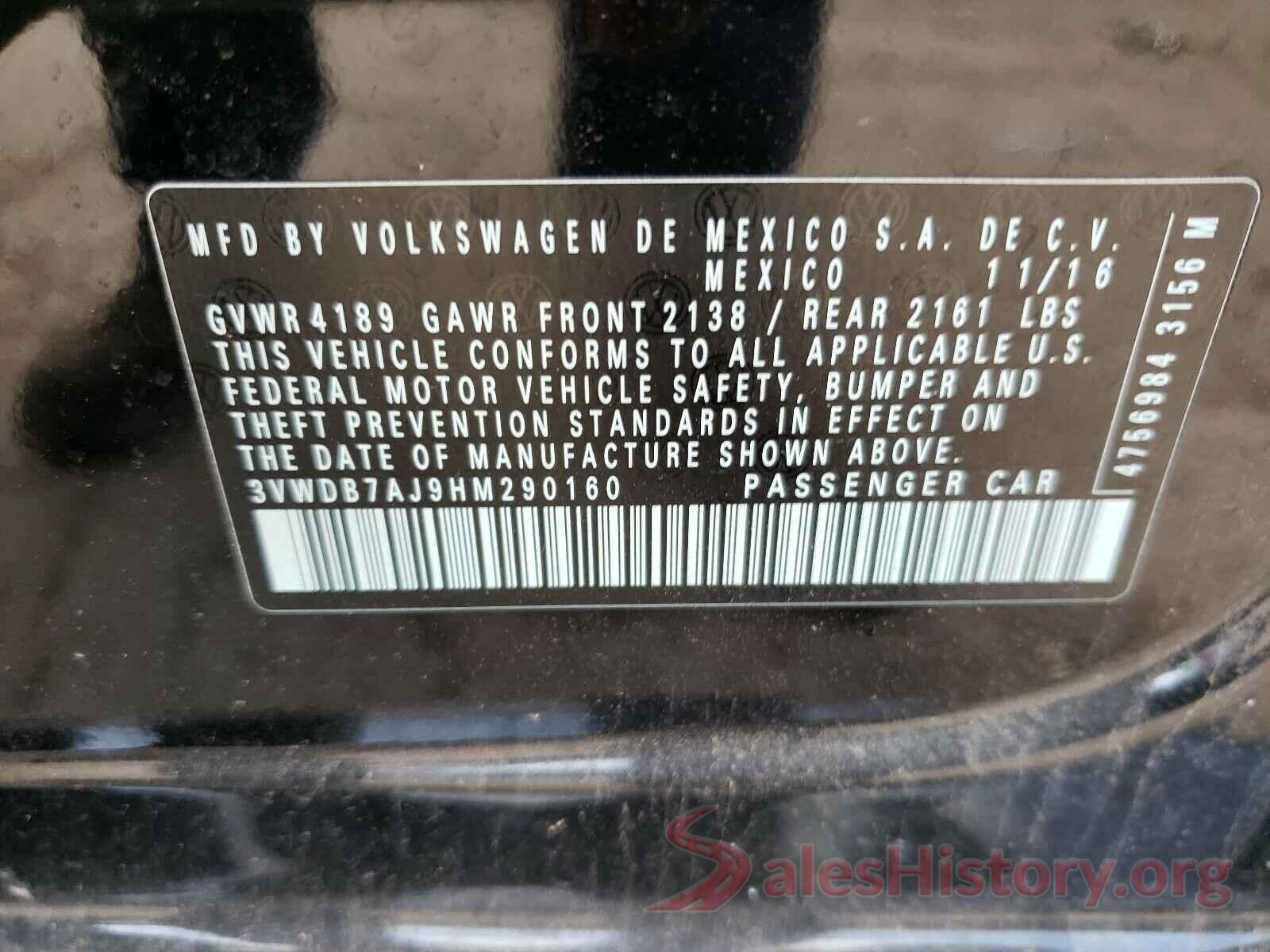 3VWDB7AJ9HM290160 2017 VOLKSWAGEN JETTA