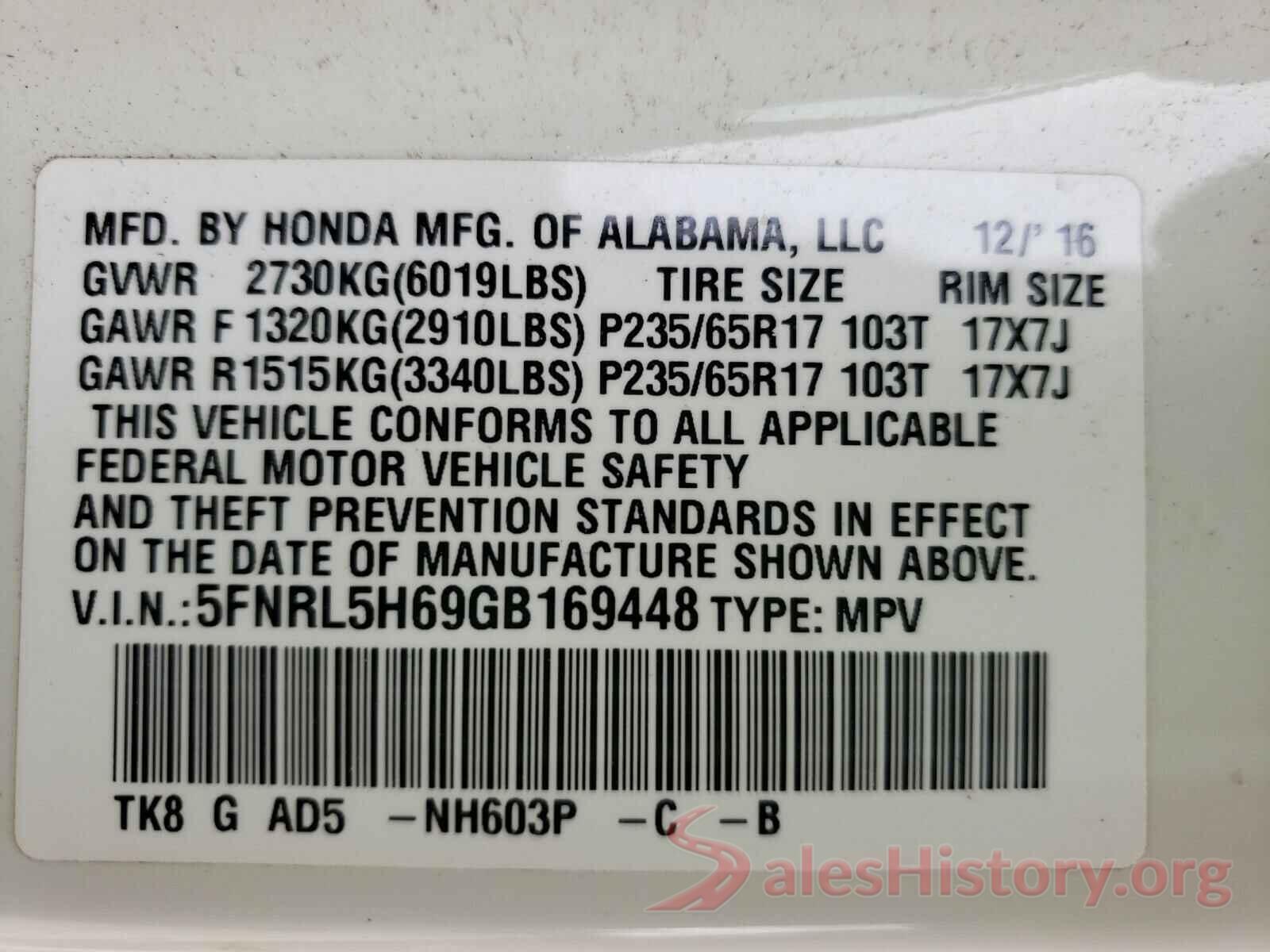 5FNRL5H69GB169448 2016 HONDA ODYSSEY