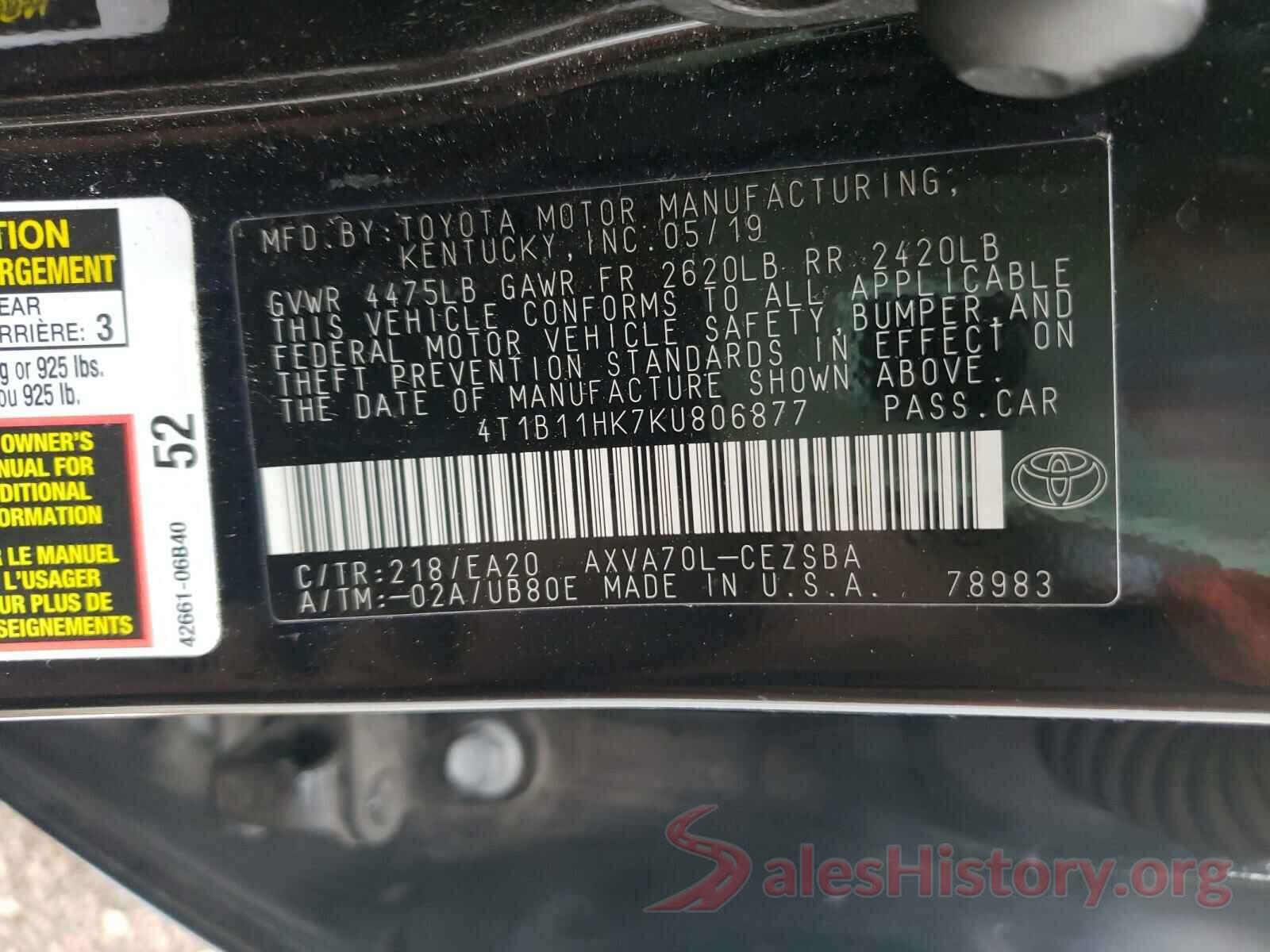 4T1B11HK7KU806877 2019 TOYOTA CAMRY