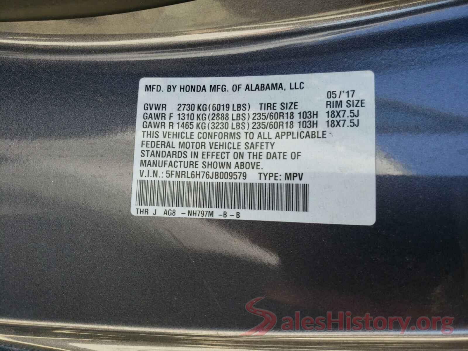 5FNRL6H76JB009579 2018 HONDA ODYSSEY