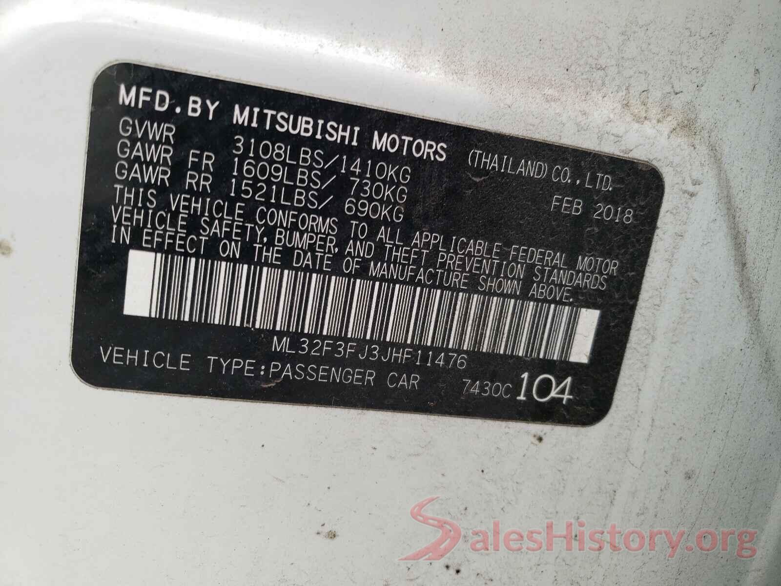 ML32F3FJ3JHF11476 2018 MITSUBISHI MIRAGE