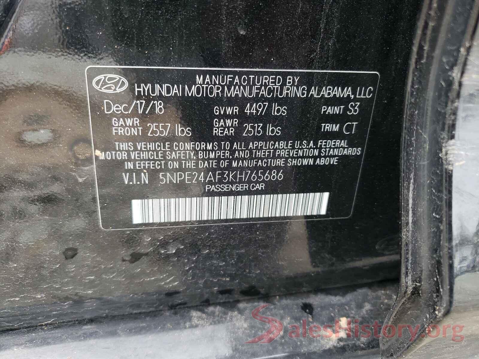 5NPE24AF3KH765686 2019 HYUNDAI SONATA