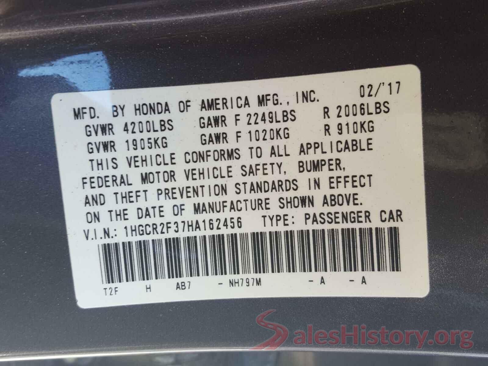 1HGCR2F37HA162456 2017 HONDA ACCORD