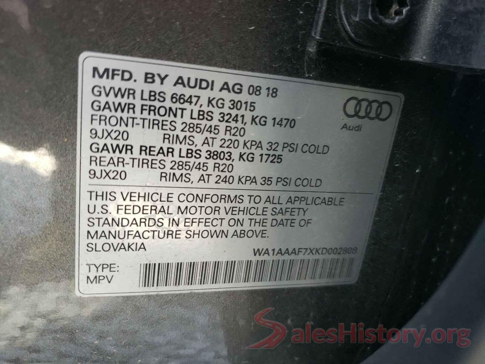 WA1AAAF7XKD002808 2019 AUDI Q7