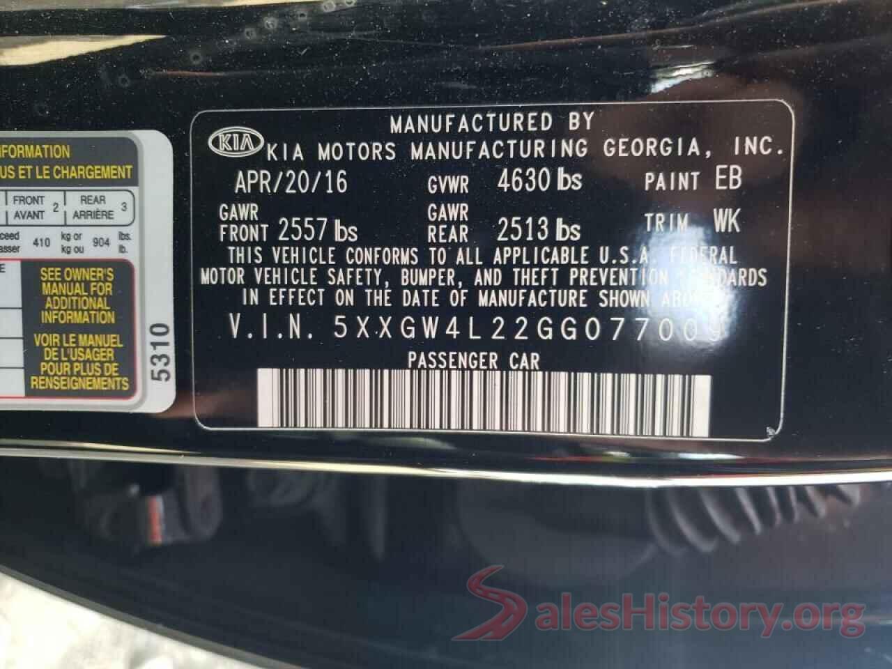 5XXGW4L22GG077009 2016 KIA OPTIMA