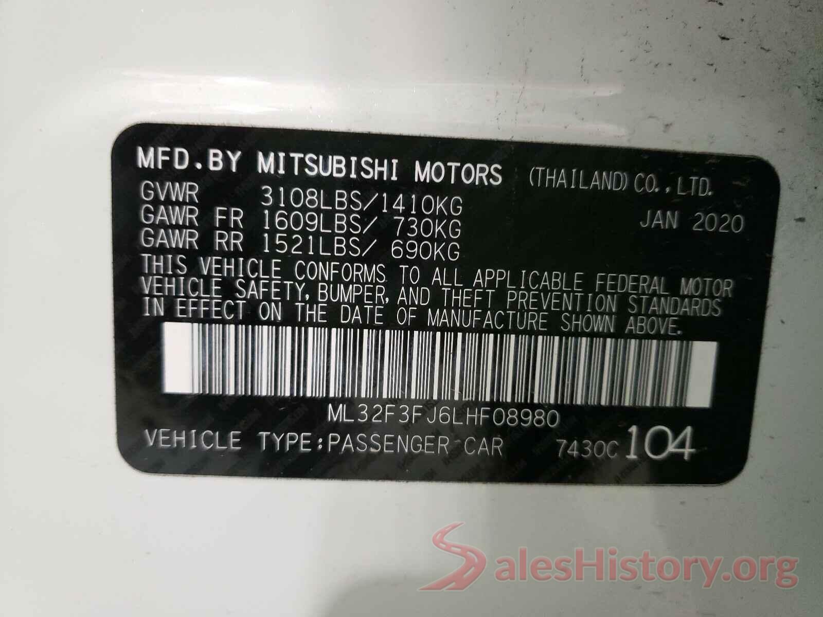 ML32F3FJ6LHF08980 2020 MITSUBISHI MIRAGE