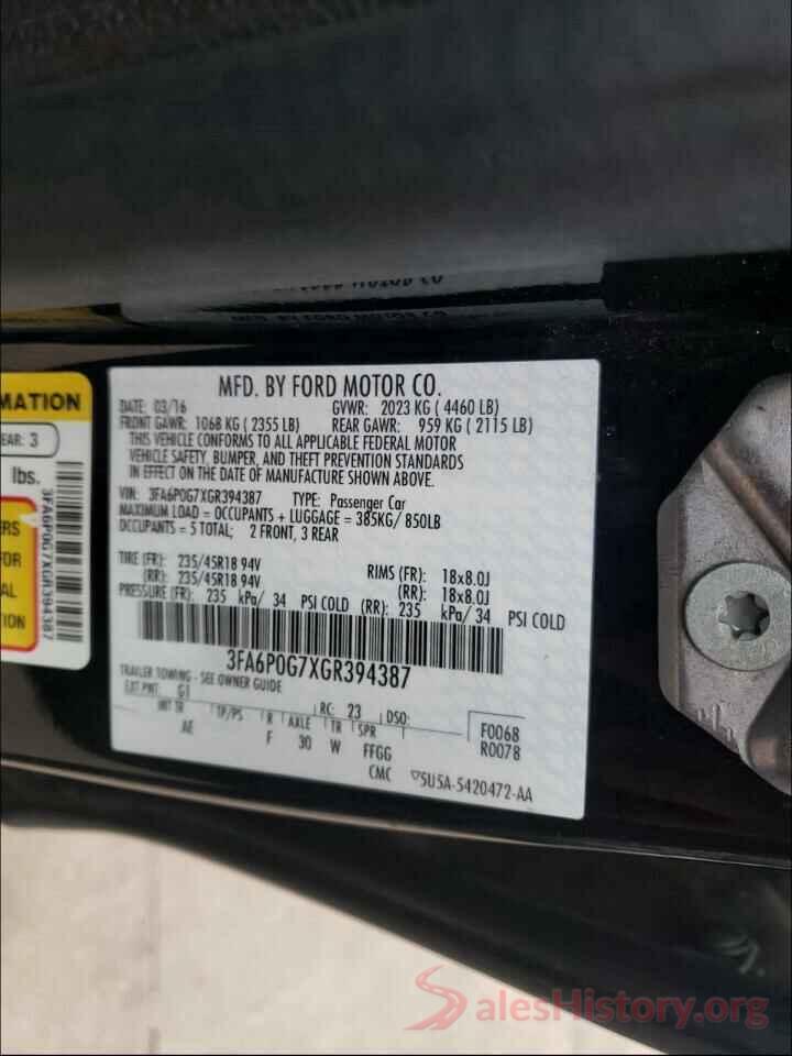 3FA6P0G7XGR394387 2016 FORD FUSION