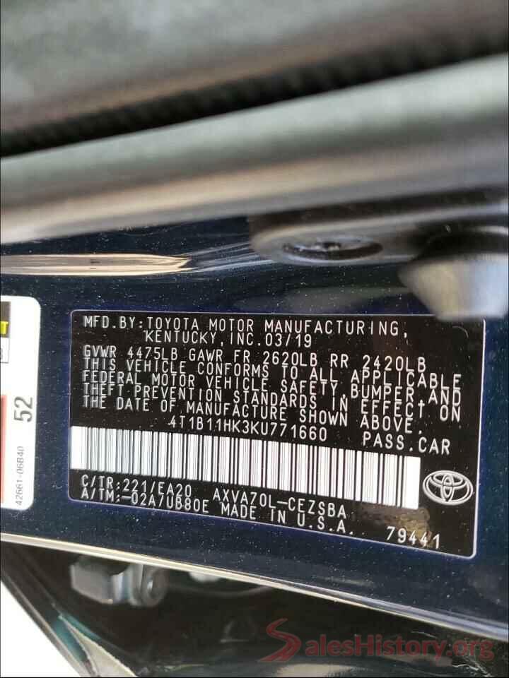 4T1B11HK3KU771660 2019 TOYOTA CAMRY