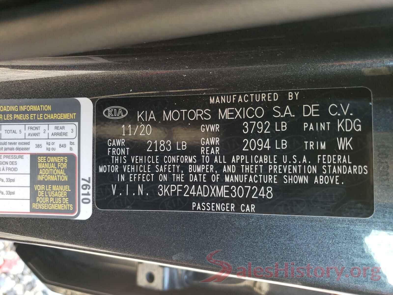 3KPF24ADXME307248 2021 KIA FORTE