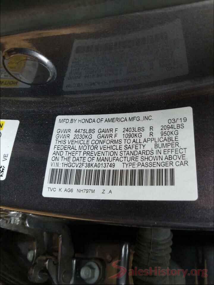 1HGCV2F38KA013749 2019 HONDA ACCORD