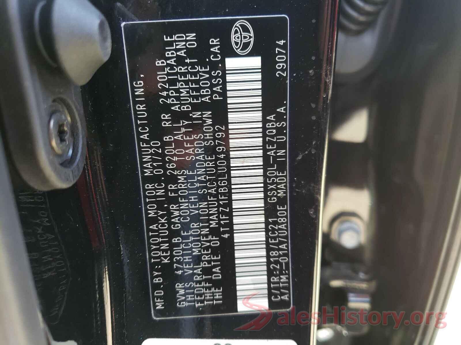 4T1FZ1FB6LU049792 2020 TOYOTA AVALON