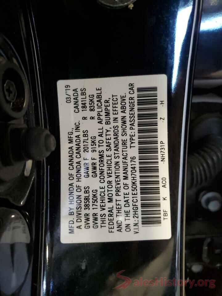 2HGFC1E50KH704176 2019 HONDA CIVIC