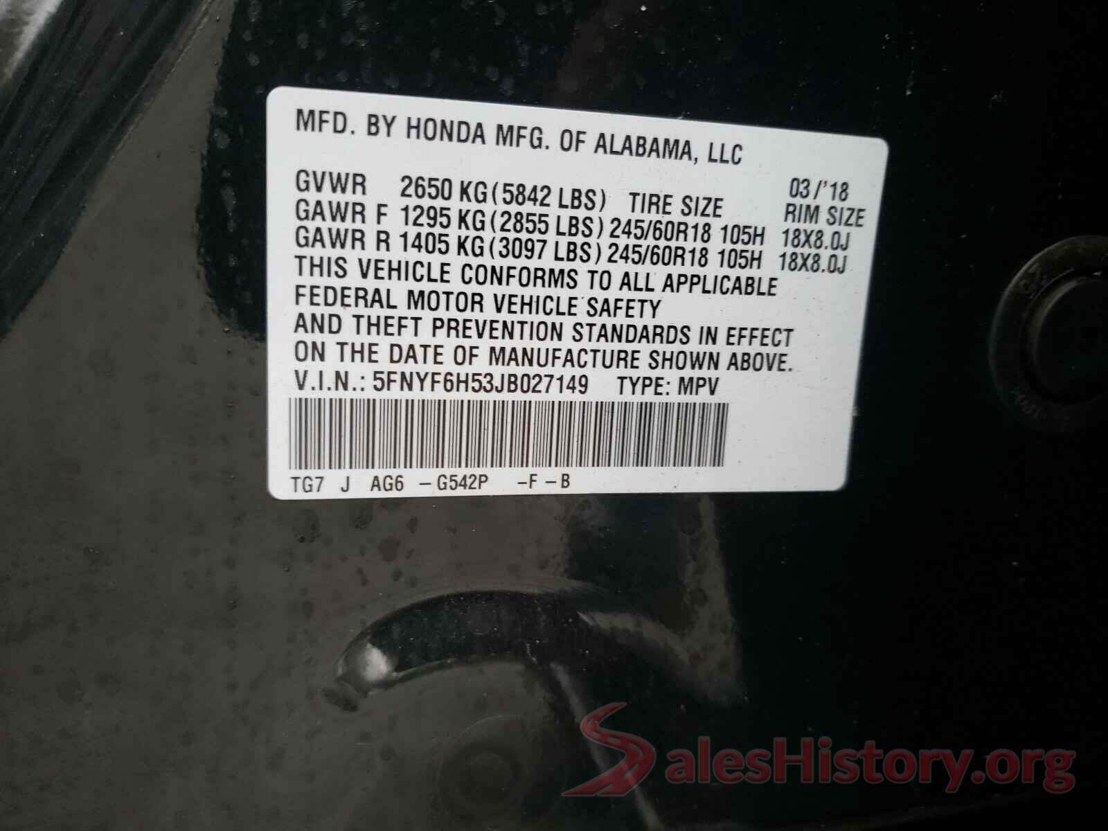 5FNYF6H53JB027149 2018 HONDA PILOT