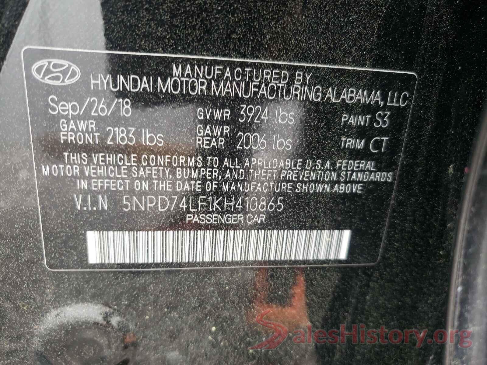 5NPD74LF1KH410865 2019 HYUNDAI ELANTRA