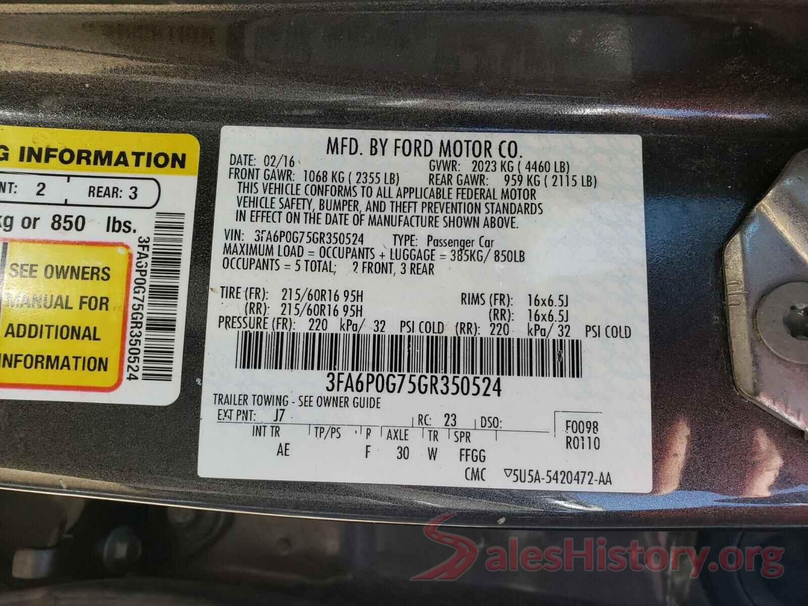 3FA6P0G75GR350524 2016 FORD FUSION