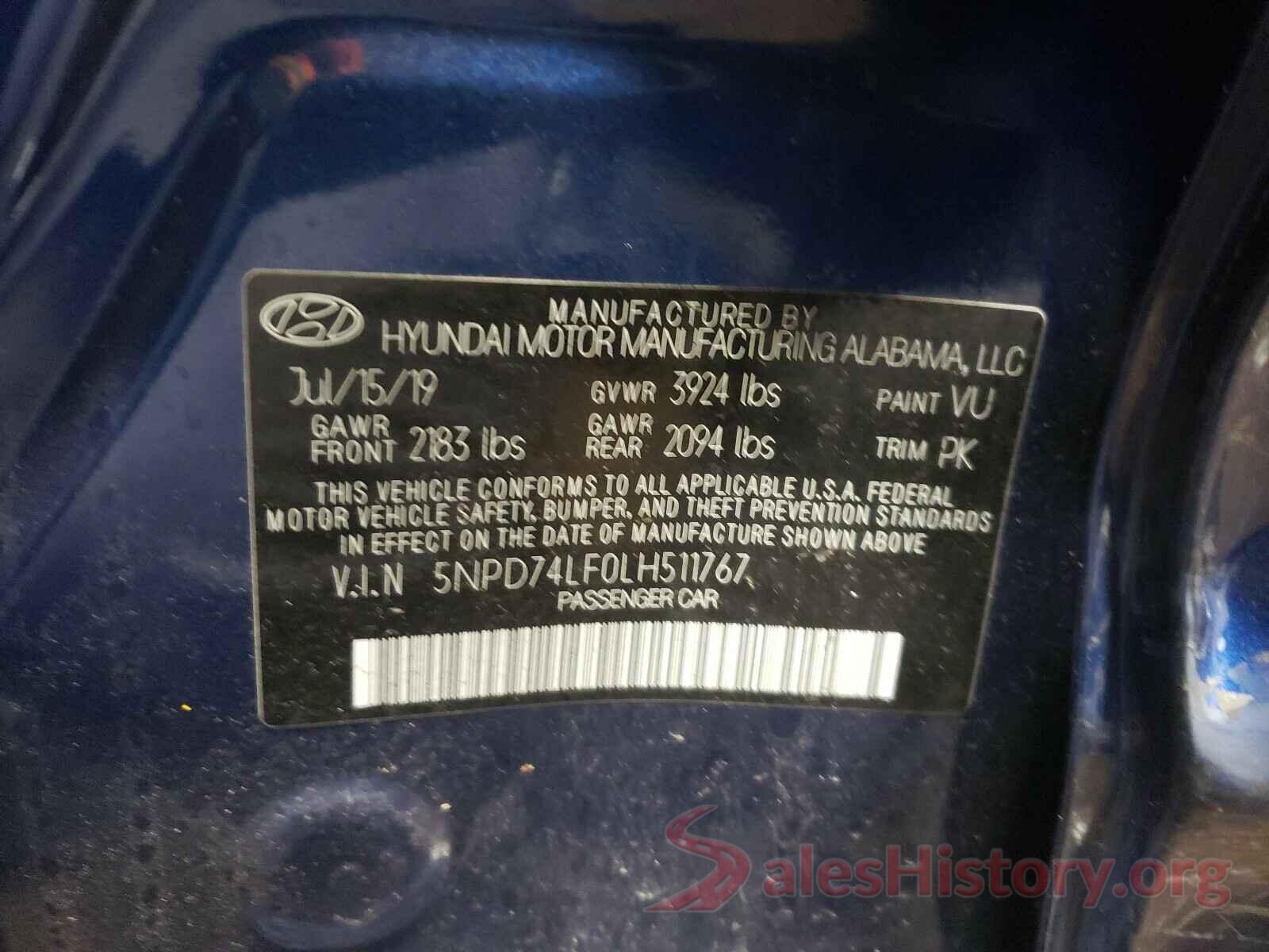 5NPD74LF0LH511767 2020 HYUNDAI ELANTRA