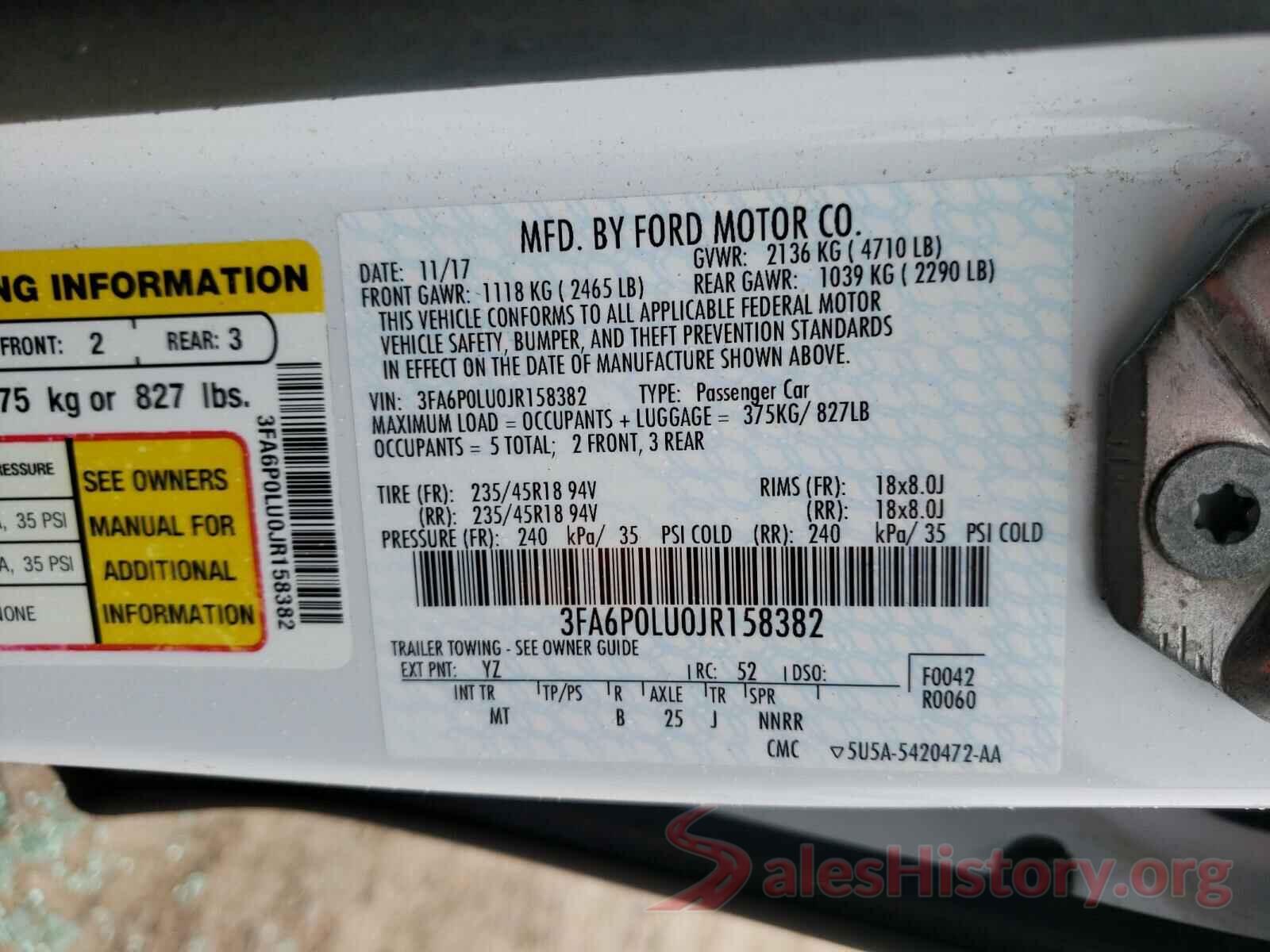 3FA6P0LU0JR158382 2018 FORD FUSION