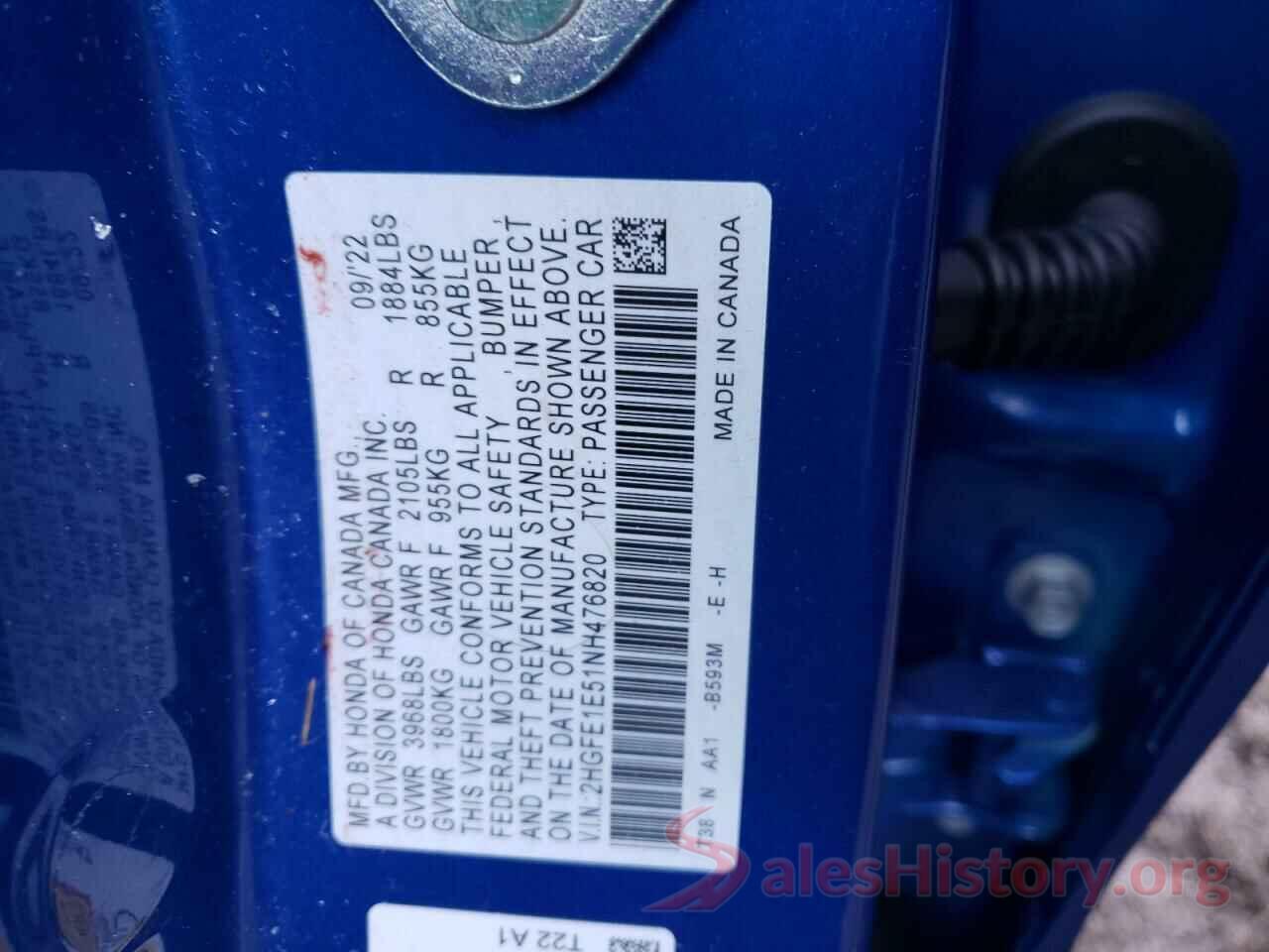 2HGFE1E51NH476820 2022 HONDA CIVIC